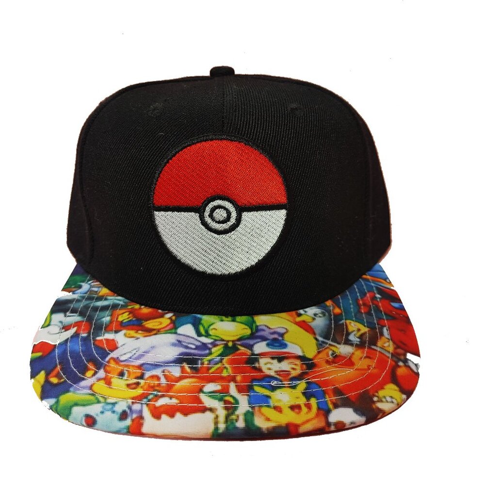 Pokémon Snapback Hat Black Poké Ball Logo Flat Brim Adjustable Cap